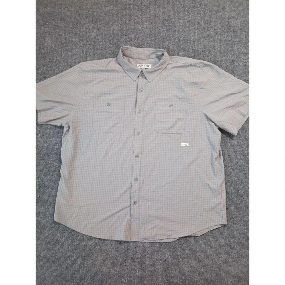 Orvis Men's Short Sleeve Button Front Fishing Shirt Beige Check Outdoor Hiking X